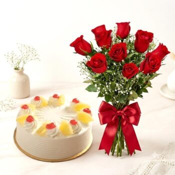 Send Pineapple Cake and Flowers Bouquet Combo in Pakistan