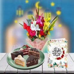 Colorful Flowers with Pastries and Eid Card