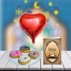 Donuts With Red Heart Balloon And Eid Card