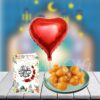 eid card with love red balloon and gulab jaman