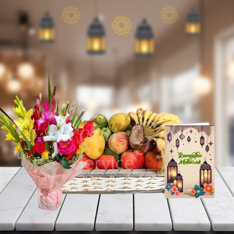Flowers Bouquet And Fruits With Ramadan Card