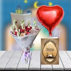 Flowers Bouquet With Eid Card And Heart Balloon