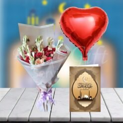 Flowers Bouquet With Red Heart Balloon And Eid Card