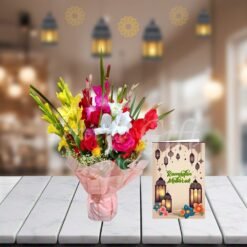 Gladiaola Flowers And Ramadan Card Bouquet