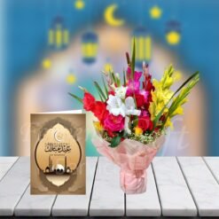 Mix Gladiolas And Roses Bouquet With Eid Mobarak