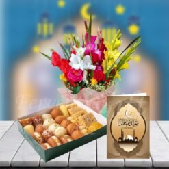 Gladiolas Bouquet With Sweet And Eid Card