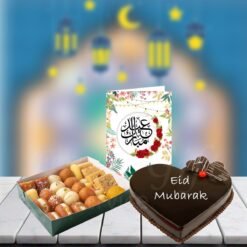 Heart Shaped Cake With Mithai And Eid Card
