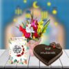 Heart Shaped cake with Mix Flowers and Eid Card