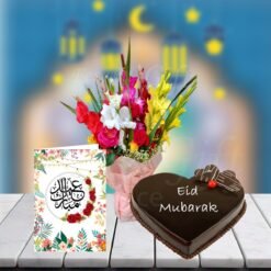 Heart Shaped cake with Mix Flowers and Eid Card