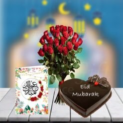 Heart Shaped Cake With Red Roses And Eid Card