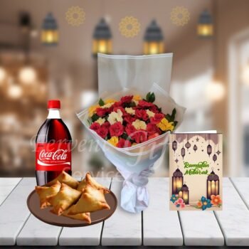 Mix Flowers With Samosa And Ramadan Card