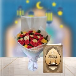 Mix Roses Bouquet With Eid Mobarak Card