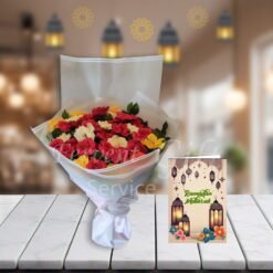 Mix Roses Bouquet With Ramadan Mubarak Card