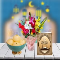 Rasgullay With Mix Flowers And Eid Card
