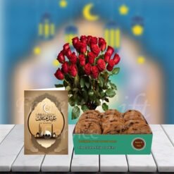 Red Roses With Cookies And Eid Mobarak Card
