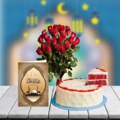 Red Roses With Red Velvet Cake And Eid Card