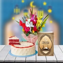 Red Velvet Cake With Flowers And Eid Card
