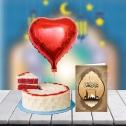 Red Velvet Cake With Heart Balloon And Eid Card