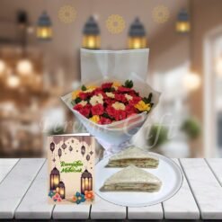 Fresh Roses And Sandwiches With Ramadan Card