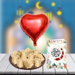 Sweet Barfi With Heart Balloon And Eid Card