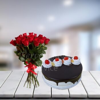 Black Forest Cake And Flowers Bouquet Combo