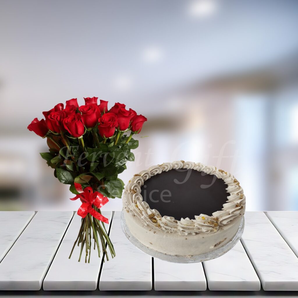 Coffee Walnut Cake With Flowers Bouquet