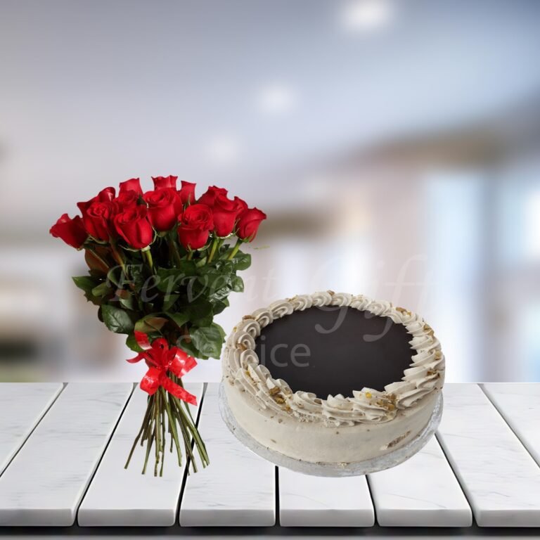 Coffee Walnut Cake With Flowers Bouquet