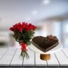 Heart Shaped Chocolate Cake And Roses Bouquet