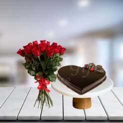 Heart Shaped Chocolate Cake And Roses Bouquet