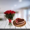 Heart Shaped Chocolate Love Cake and Red Roses