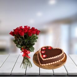 Heart Shaped Chocolate Love Cake and Red Roses