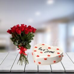 Love You Heart Shaped White Cake & Roses