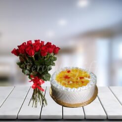 Open Fruit Cake & Red Roses Bouquet