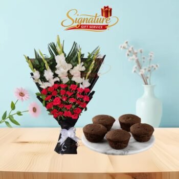 Bakery Cupcakes And Flowers Bouquet Combo