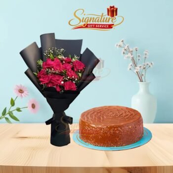 Black Wrapping Roses Bouquet With Ferrero Cake