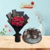 blackforest cake and black wrapping flowers bouquet