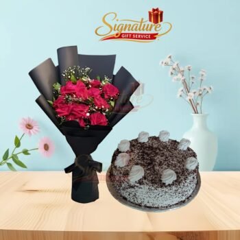 Blackforest Cake And Black Wrapping Flowers Bouquet