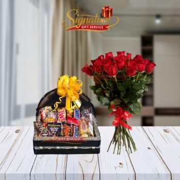 Branded Chocolates With Red Roses Bouquet