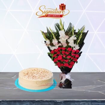 Coffee Cake With Flowers Bouquet Gift Combo