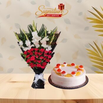Send Flowers Bouquet and Pineapple Cream cake to Pakistan Online