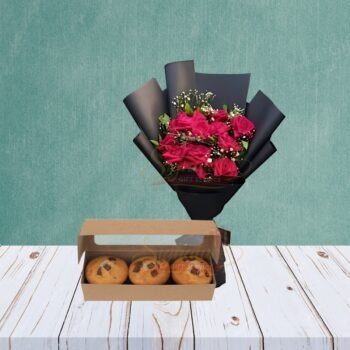 Fresh Muffins And Black Wrapping Flowers Bouquet