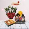 mix chocolates basket with flowers and mithai combo