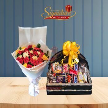 Mix Color Roses Bouquet With Mix Chocolates Basket