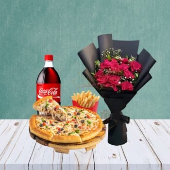 Pizza Deal With Black Wrapping Flowers Bouquet