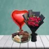 Red Balloon With Pastries And Red Roses Bouquet 1 red balloon with pastries and red roses bouquet