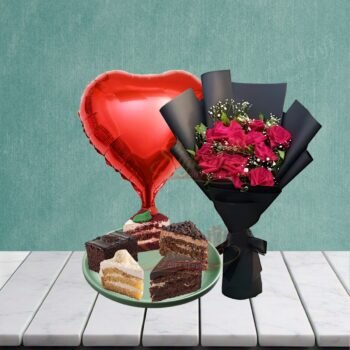 Red Balloon With Pastries And Red Roses Bouquet