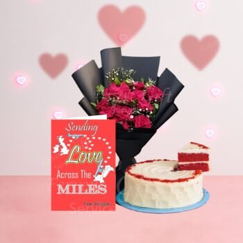 Roses Bouquet With Red Velvet Cake And Love Card