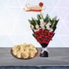 sweet barfi from bakery with flowers bouquet combo