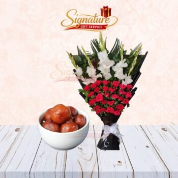 Sweet Gulab Jamun With Flowers Bouquet