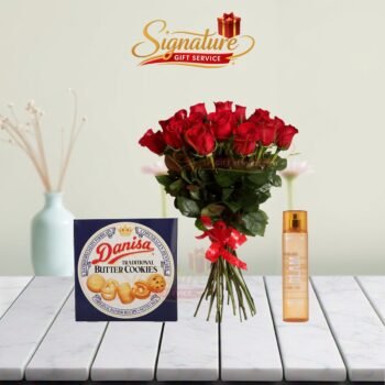 Women Bodyspray With Cookies And Flowers Bouquet